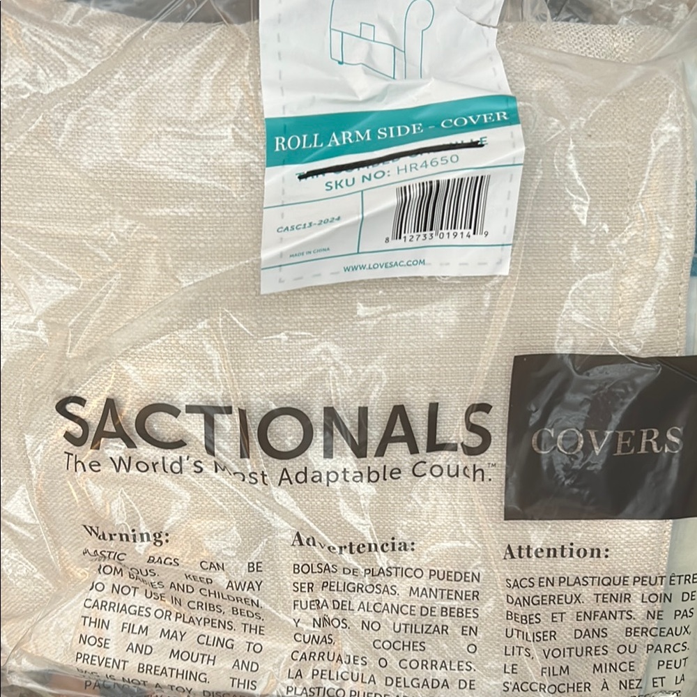 LOVESAC SACTIONAL ROLL ARM SIDE COVER 4 AVAILABLE SEASHELL SOLID POLYLINEN NEW